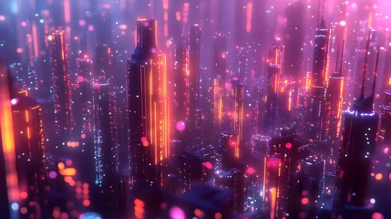 Obraz premium A cityscape with neon lights and buildings in the background. The city is lit up in a bright, colorful glow