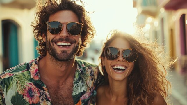 Joyful friends exploring lively streets on a sunny afternoon