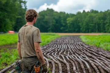 Fototapeta premium Farmer Repairing Irrigation System in Field