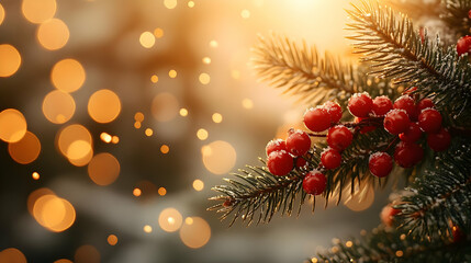 Festive Red Berries, Glowing Lights, Winter Scene