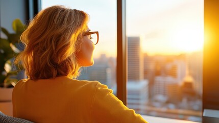 Joyful woman welcomes a bright sunrise on a cozy winter morning