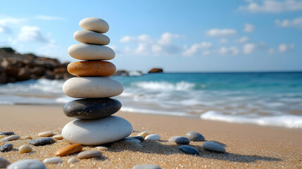 Beach Zen: Rock Balance, Ocean, Sky