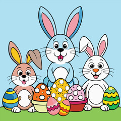 Fototapeta premium set of easter bunny with colorful eggs and easter bunny