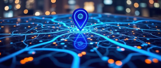 Futuristic Urban Map Visualization With Glowing Location Pin Centered in City