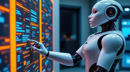 Robot Engages With Digital Interface in Modern Tech Environment