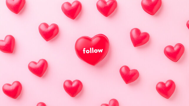 Valentine's Day concept, social media "like" or "follow" icon with a red heart symbol on a pastel pink background with a pattern of hearts. Flat lay. Mockup for design and branding.