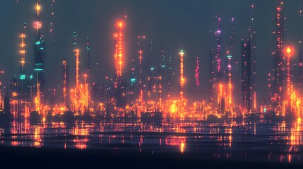 Obraz premium A city skyline with many buildings and a large body of water. The buildings are lit up in neon colors, creating a futuristic and vibrant atmosphere. The water reflects the lights