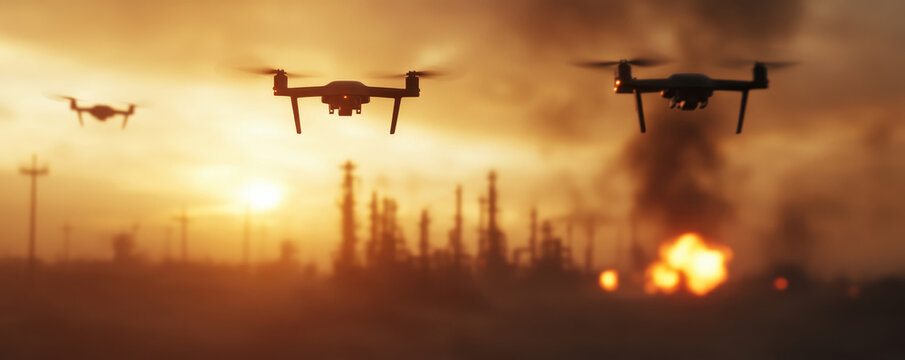 Swarm of kamikaze drones approaching oil refinery at sunset, causing explosions and smoke