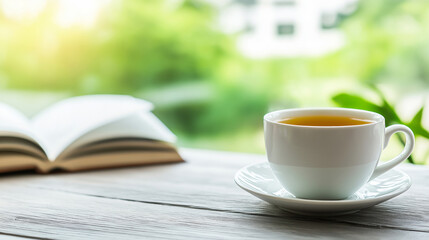 Soft morning sunlight illuminating green tea beside open book, blurred garden backdrop creating serene reading moment