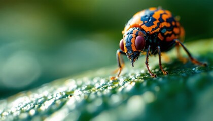 Fototapeta premium A colorful insect with vibrant red eyes explores a dew-covered leaf in a close-up macro shot