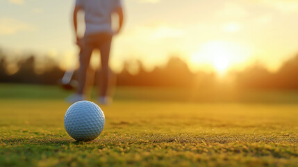 Golf ball on tee with club beside it, blurred golfer preparing in background, soft morning light, calm and focused