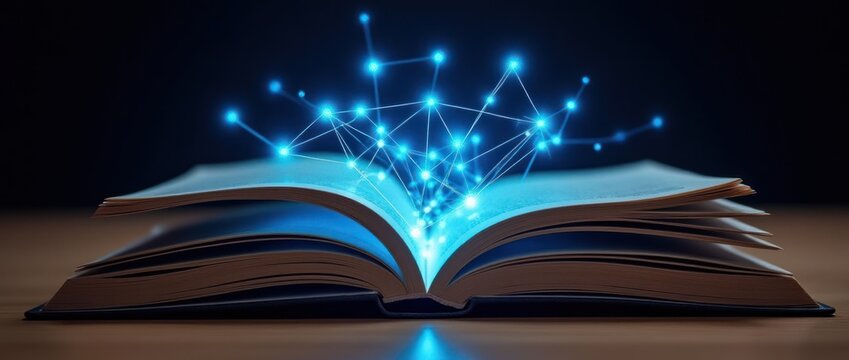Open Book on Wooden Table With Glowing Network of Connected Nodes Emerging