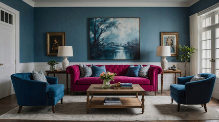 Elegant living room with vibrant pink sofa, blue chairs, and artistic decor