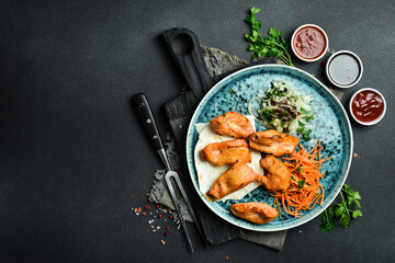 Grilled chicken kebab with onions and pita bread. Azerbaijani cuisine. Free space for text. Close up.