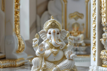 Fototapeta premium close up horizontal image of a white and golden statue of lord ganesha in a hindu temple