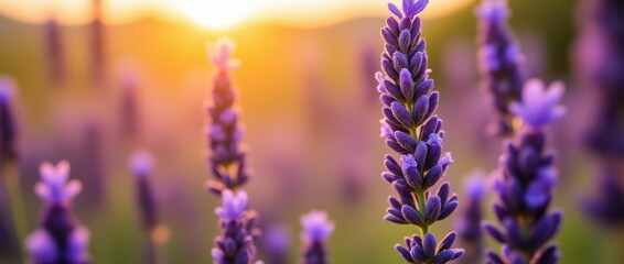 Obraz premium Dewy Lavender Flowers Illuminated by Morning Light at Sunrise