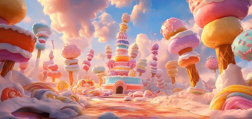 Whimsical candy castle landscape. Pastel colors, candy trees, and a sweet path lead to a magical kingdom. Perfect for fairytale themes.
