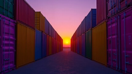 Fototapeta premium Sunset Cargo Containers Colorful Rows, 3D Render, Global Trade, Logistics, Shipping Global trade, logistics