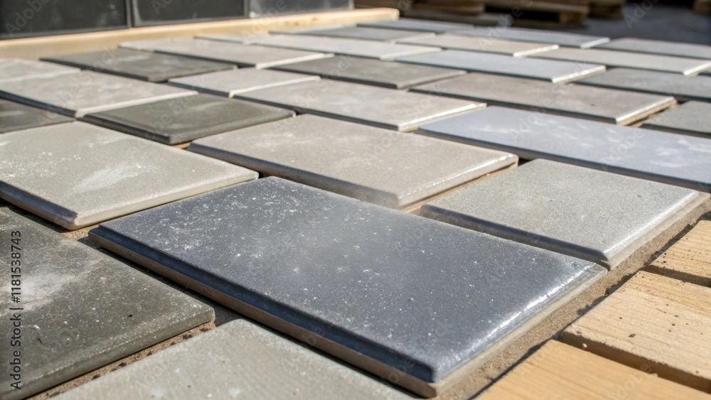 Aufkleber A batch of rectangular tiles in varying shades of gray some with a matte finish while others reflect light with a subtle gloss. Dust particles hover in the air catching the light