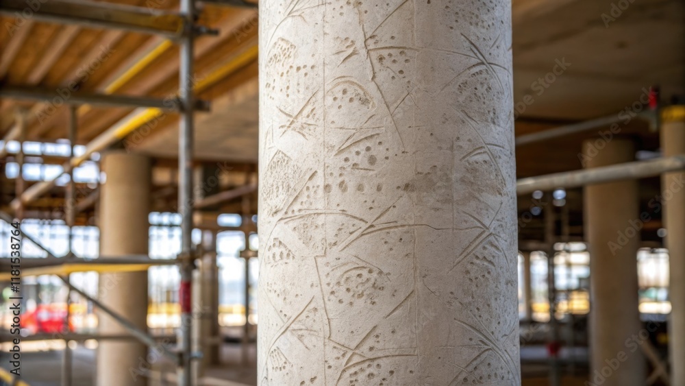Poster Abstract patterns emerge from a closeup of the pillars surface showcasing random stains and etchings from the construction process. In the background a blurred view of overhead