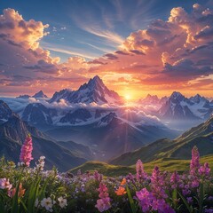 Sunrise Over Majestic Mountains with Vibrant Colors Illuminating the Sky and Peaceful Landscape
