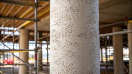 Abstract patterns emerge from a closeup of the pillars surface showcasing random stains and etchings from the construction process. In the background a blurred view of overhead