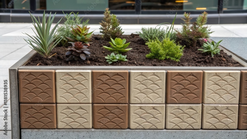 Aufkleber a close examination of a modular planter box with textured ceramic tiles where each compartment show