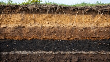 A close encounter with a wall of excavated soil revealing the stratification of compacted earth layers â€“ from rich black loam at the bottom to sandy lighter soils at the top.