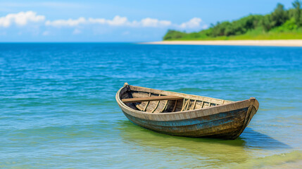 Naklejka premium Vietnamese fisherman navigating traditional round woven basket boat across turquoise coastal waters with sandy shoreline and lush tropical vegetation