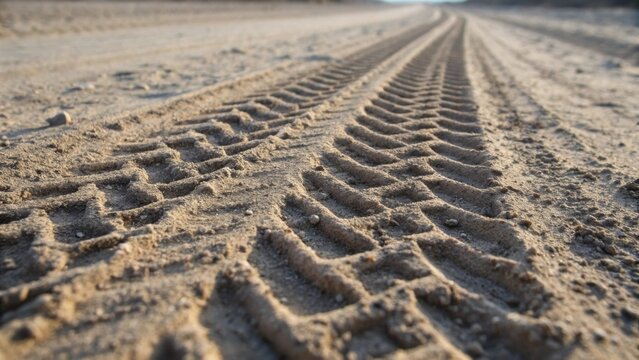 A close examination of a compacted soil surface streaked with tire marks from machinery demonstrating the intensity of the compaction process. The interlocked particles are ly