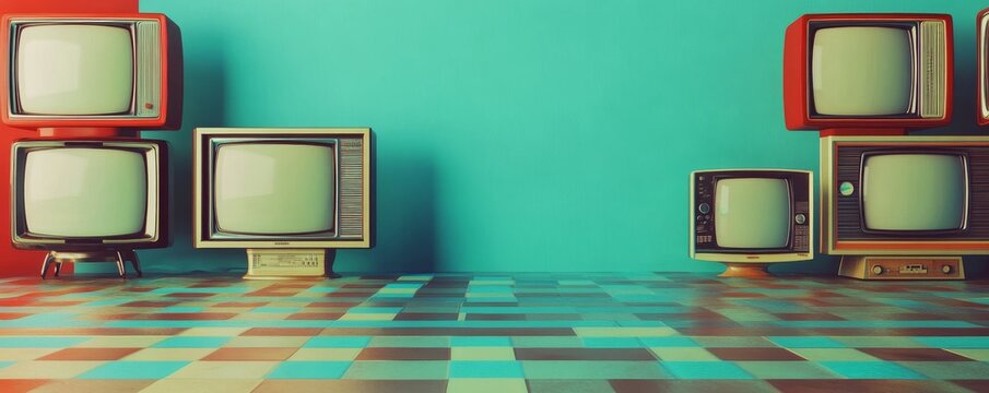 Retro Television Lineup Teal Wall, Checkered Floor, Vintage TV Composition, 70s Aesthetic Retro TV, Vintage Television