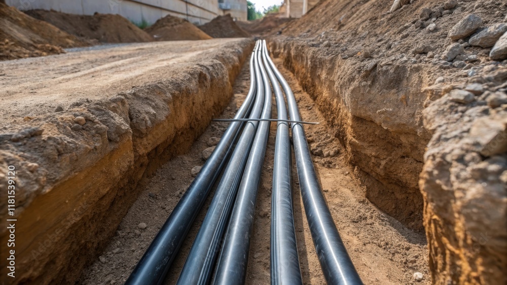 Poster A close focus on the intersection of several conduit runs intertwined like vines all converging in a central point within the trench. The earth surrounding the conduits is freshly