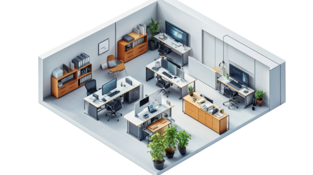 Modern Office Workspace: Isometric 3D Rendering of a Clean and Efficient Co-working Space