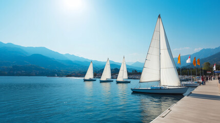 Obraz premium Wooden pier with moored sailboats, colorful flags fluttering against bright blue sky, nautical summer landscape