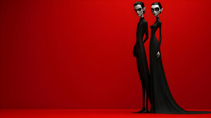 Fototapeta premium Couple in Black Poses Elegantly Against Red Backdrop with Dramatic Lighting