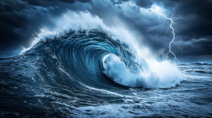 Ocean Storm Dramatic Barrel Wave with Lightning, Seascape Photography, Nature Ocean wave, storm photography