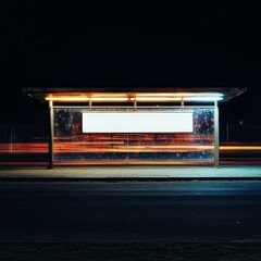 Night Bus Stop with Blank Billboard and Light Trails, urban photography, night scene Bus stop, light trails