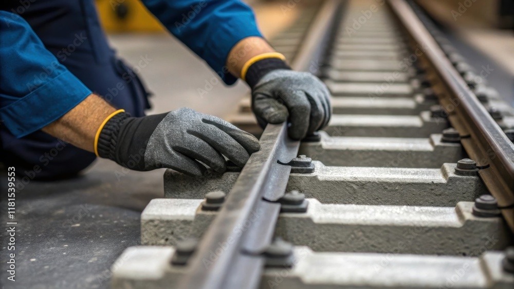 Aufkleber A closeup capture of a workers hands actively examining a preassembled track segment demonstrating the human element involved in the installation process. The rough texture of the