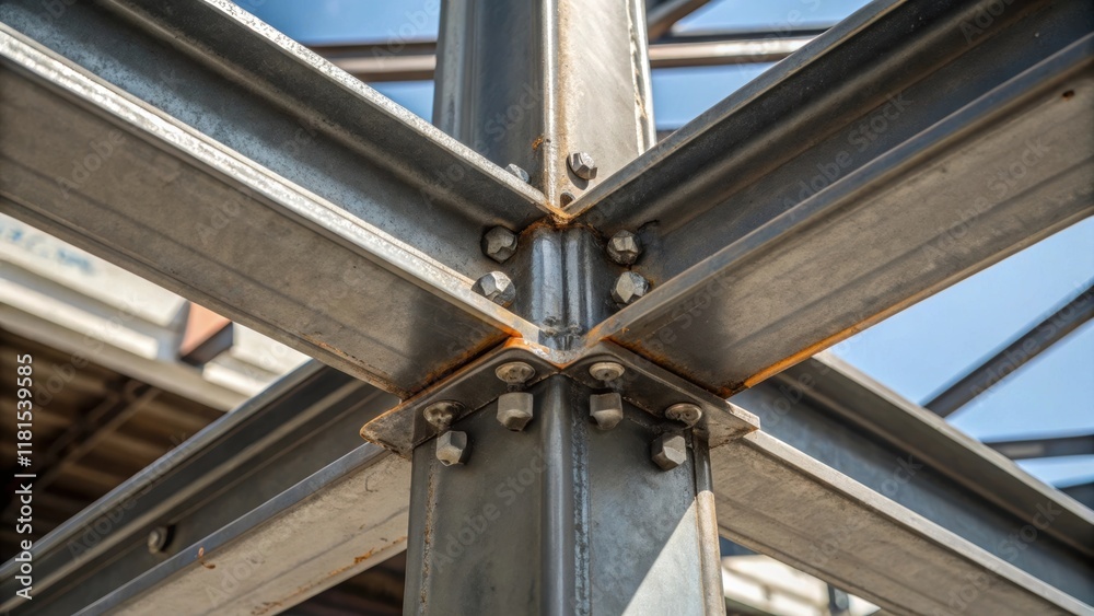 Poster a closeup captures a structural joint where multiple steel trusses meet revealing the robust welding