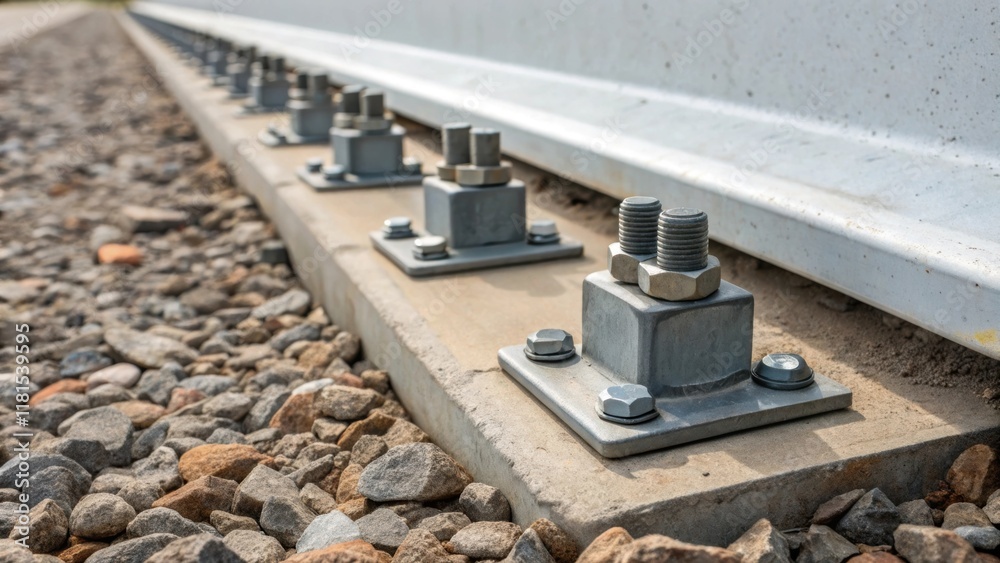 Aufkleber A closeup captures the industrial connectors and anchoring systems embedded within the base of several precast barriers emphasizing the engineering behind their stability. The