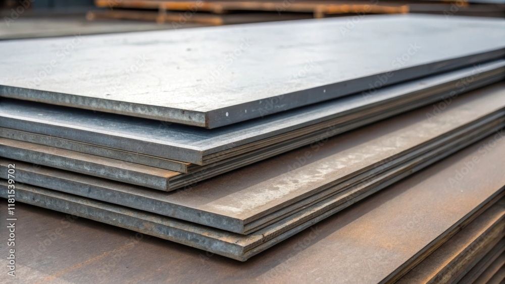 Poster A closeup depicting a of steel plates some positioned at sharp angles while others lie flat. The interplay of light and shadow emphasizes the threedimensionality and weight of the