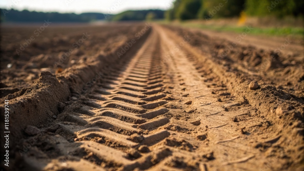 Poster a closeup emphasizes the machinery tracks etched into the surrounding soil. the temporary disturbanc