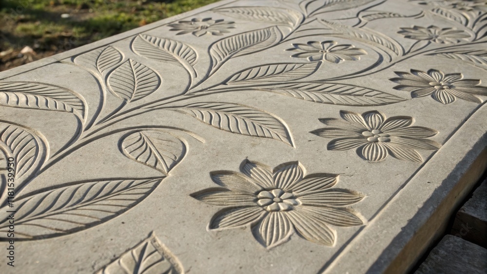 Poster a closeup exploration of a concrete slab featuring decorative imprints of leaves and floral designs 