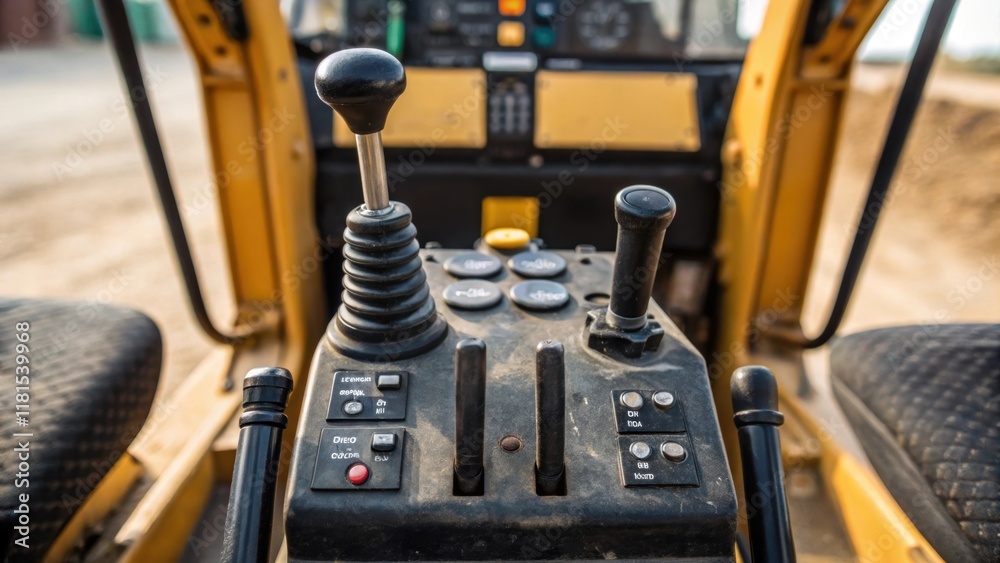 Aufkleber A closeup focus on the controls of a backhoe loader featuring an array of levers buttons and gauges. The intricate details of the operators seat are visible complete with wear