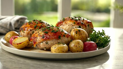 Juicy roasted chicken thighs served alongside herbed baby potatoes, a simple and delicious meal perfect for any occasion