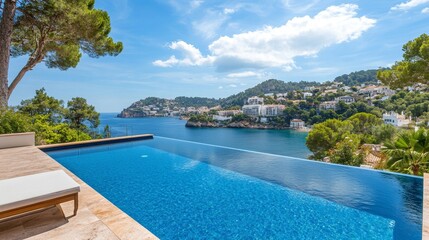 Infinity Pool Mediterranean Villa, Coastal View, Blue Water, Summer Luxury, Landscape Photography. Luxury Real Estate, Vacation Rental