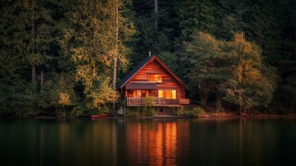 Fototapeta premium Lakeside Log Cabin at Sunset A-Frame Composition, Warm Light, Reflection, Forest, lake, cabin Lake house, log cabin