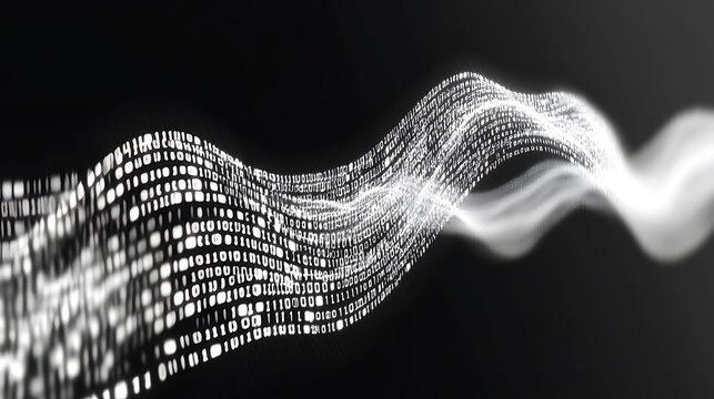 Binary code wave flowing, dark background, data stream, tech concept