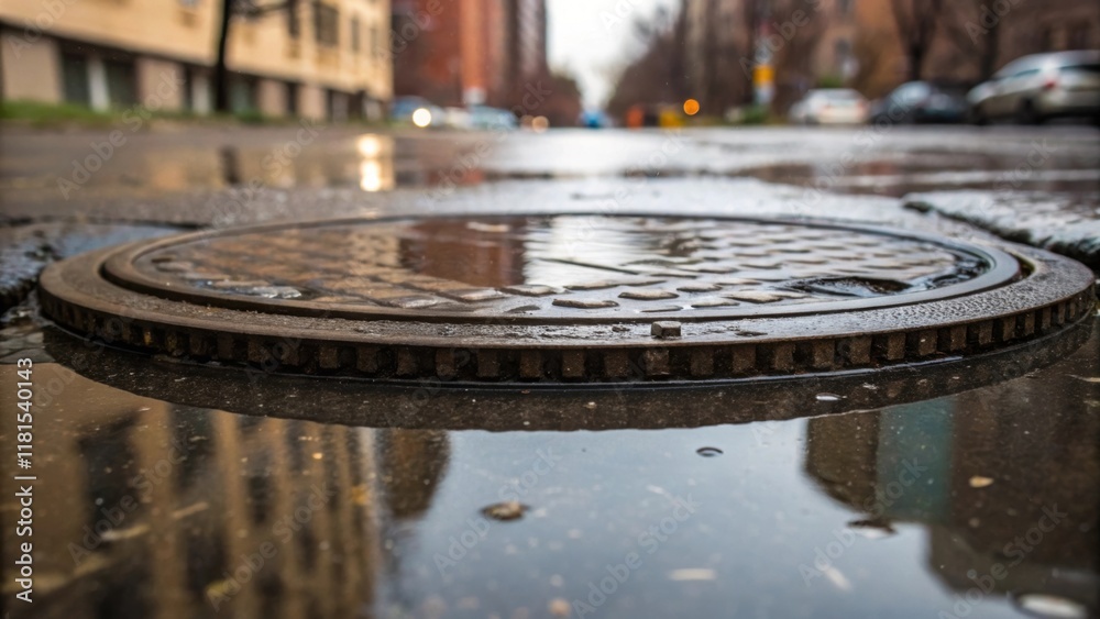 Poster A closeup image capturing the rim of a utility vault still submerged in a shallow puddle after a light rain. The water reflects the surrounding urban landscape blending reflections