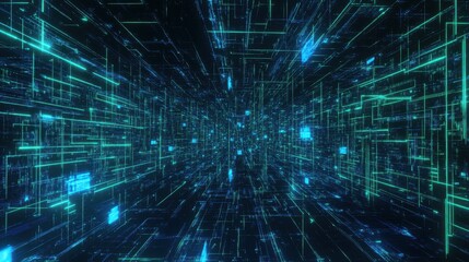 Abstract Dark Digital Grid with Glowing Lines and Data Stream, Futuristic Technology Background.